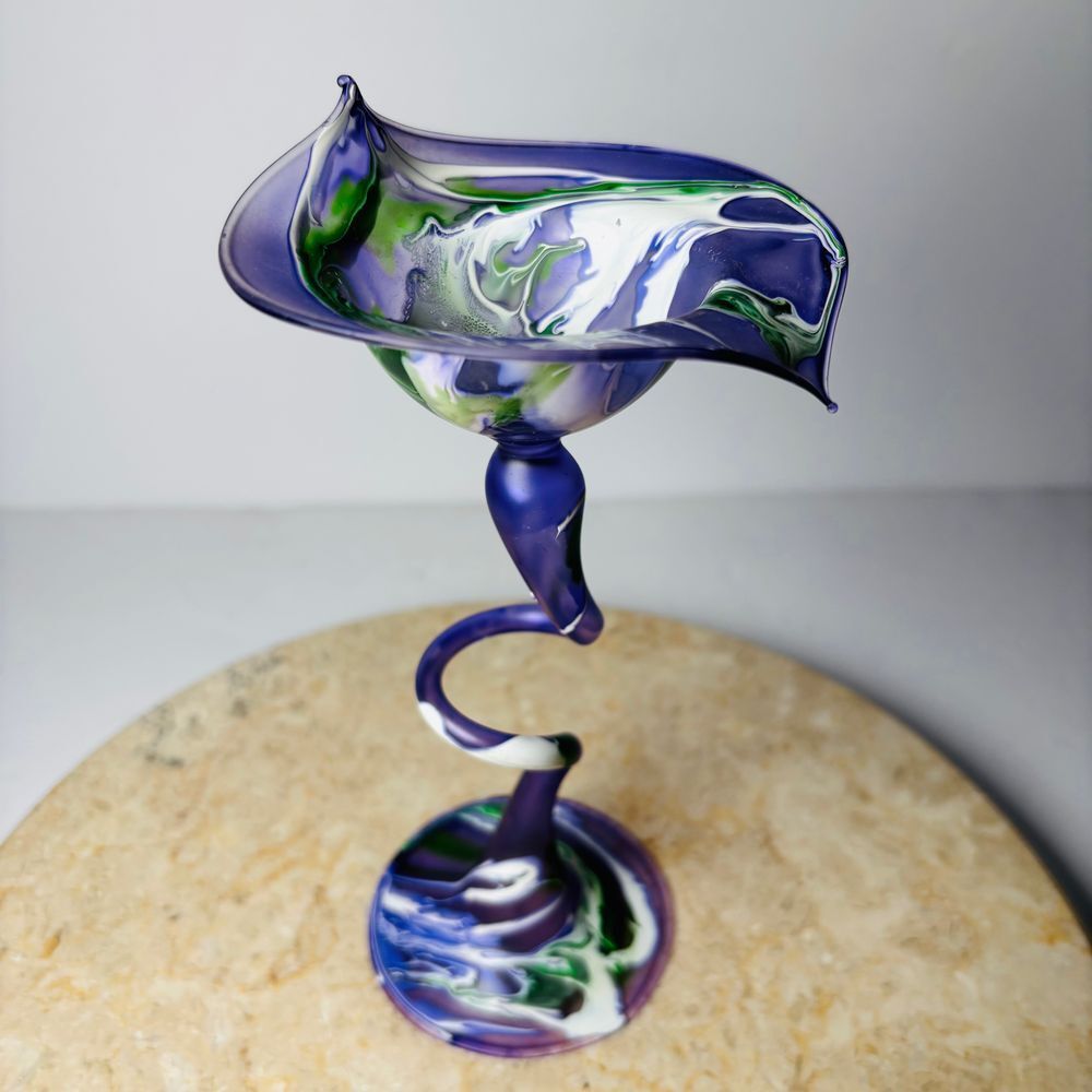 Stunning Penco Flame Glow Hand Blown‎ Glass Long Stem Candle Holder Purple Green